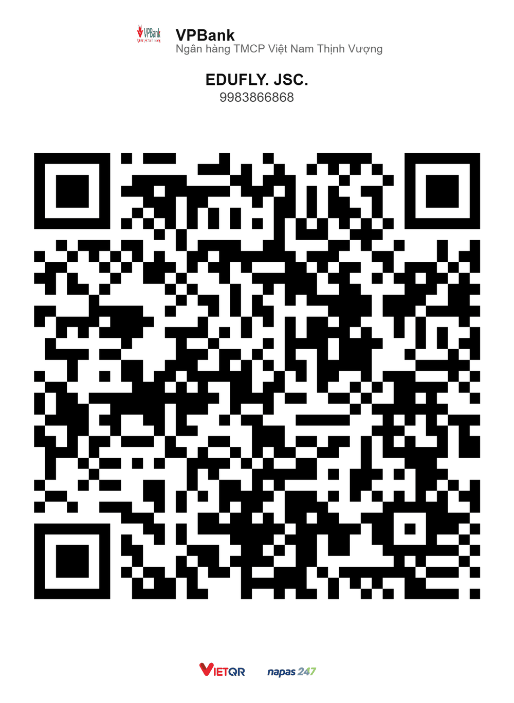 Mã QR VietQR chuyển khoản đến tài khoản EDUFLY. JSC. — 998 3866 868 tại VP Bank